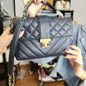 CHANEL Quilted Top Handle Shoulder Bag in Navy with Gold 3800